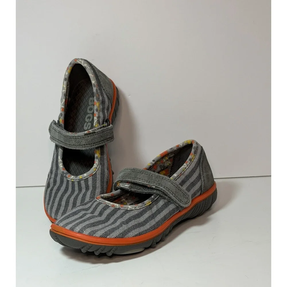 BOGS Hop Scotch Mary Jane Shoes Kids US 10 Gray Stripe Hook & Loop Comfort Flats